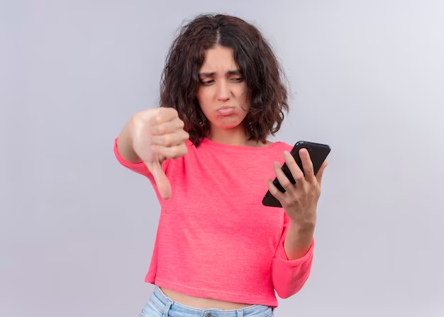 Woman with phone showing thumbs-down sign