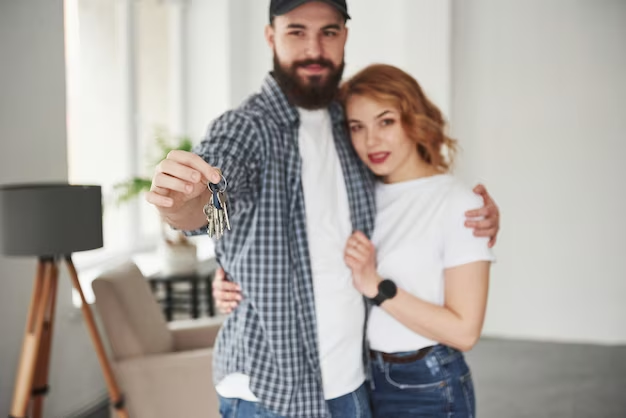 Couple hugging, man holding house key.