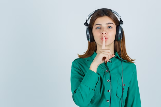 female with headset and index finger on mouth