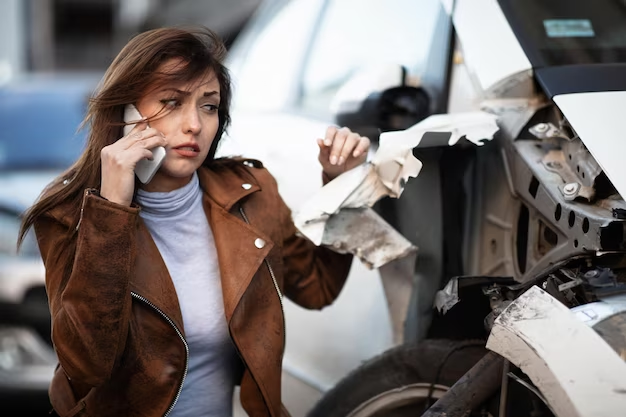 Woman involved in a car accident talking on the phone.